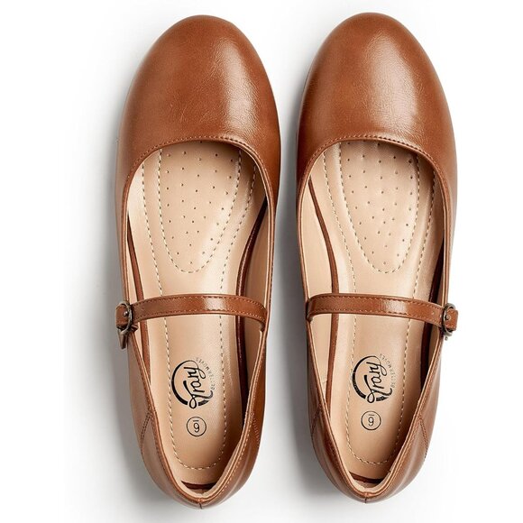 Trary Women Brown Leather Round Toe Mary Jane Ankle Strap Ballet Flats Shoes - Picture 3 of 6